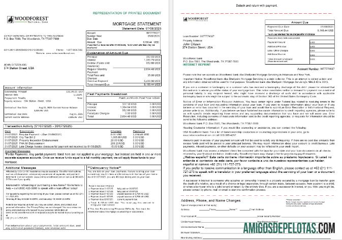 Extrato de hipoteca do Woodforest Bank dos EUA em formatos Word e PDF, 3 páginas 1 2 modelo
